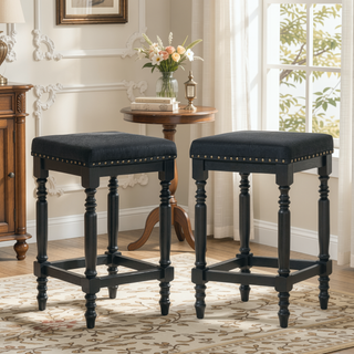 Sunvega Distressed Wooden Farmhouse Barstools with Faux Leather Seat, Counter-Height