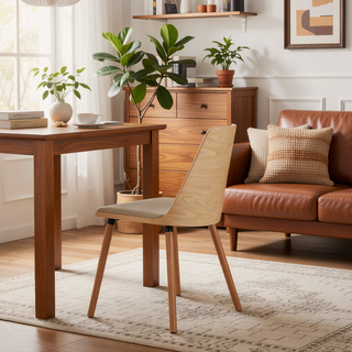 Sunvega Mid-Century Modern Dining Chair in Natural Bent Wood and Cream Fabric Set of 2