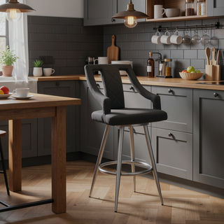 Sunvega 26 Inch Gray Faux Leather Swivel Bar Stool with Brushed Stainless Steel Frame