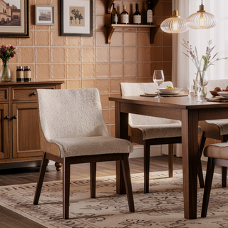 Sunvega Mid-Century Modern Walnut Beige Curved Panel Back Side Chair with Padded Seats