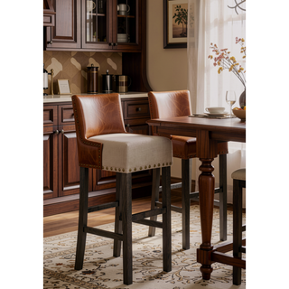 Sunvega Tan Linen & Weathered Oak Finish Counter Height Armless Stool Set of 2
