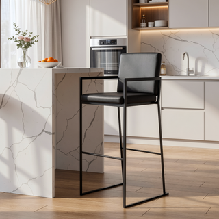 Sunvega Contemporary High Back Barstool Set of 3 in Black Faux Leather