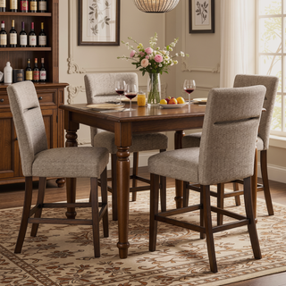 Sunvega Contemporary Brown Bar Table with Faux Marble Top and Storage Shelf