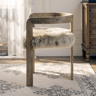 Sunvega Low Back Genuine New Zealand Sheepskin Fur Dining Chair with Solid Ash Wood Frame