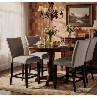 Sunvega Light Gray Flannelette Dining Chairs with Nailhead Trim and Black Wood Legs