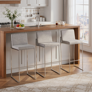 Sunvega Contemporary High Back Barstool Set of 3 with Grey Fabric and Stainless Steel Frame