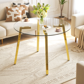 Sunvega Modern Minimalist Circular Transparent Tempered Glass Table with Golden Metal Legs