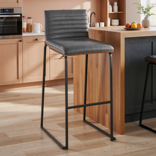 Sunvega Mason Mara Contemporary Fixed-Height Barstool in Black Metal and Grey Faux Leather