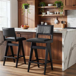 Sunvega Keira Black PU Bar Stool Set of 2 with Mid-Century Design and Full Back