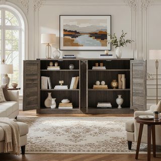 Sunvega 65-Inch Rustic Oak Faux Rattan Sideboard with Four Barn Doors for Living Room