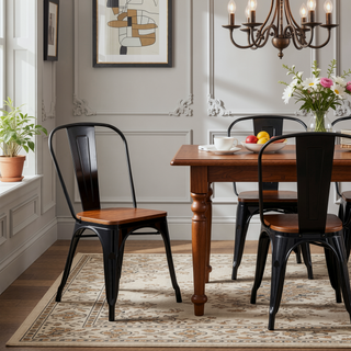 Sunvega High Gloss Black Industrial Metal Dining Chairs with Walnut Wooden Seat