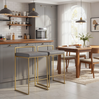 Sunvega Glam Contemporary Gold Metal Frame with Grey Faux Leather Counter Stools Set of 3