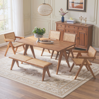 Sunvega Mid-Century Modern Side Chairs with Rattan Inserts and Curved Backrests (Set of 2)