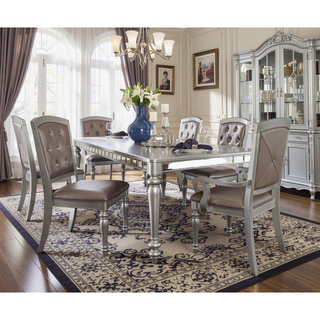 Sunvega Silver Finish Rectangular Dining Table with Mirror Trim and Draw Leaf