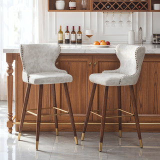 Sunvega Mid-Century Modern Tufted Nailhead Trim Barstool Set of 2 in Off-White
