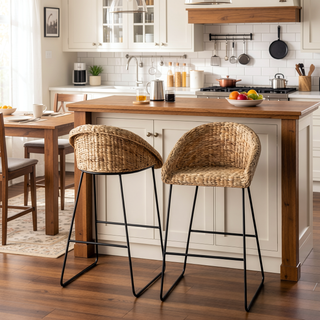 Sunvega Water Hyacinth Bar Stools 2pc Set with Woven Fiber Seat and Metal Footrest