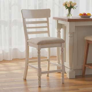 Sunvega Antique White Finish Wooden Counter Height Chair with Light Gray Fabric Upholstered Seat