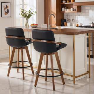 Sunvega Mid-Century Modern Counter Stool with Faux Leather Seat and Walnut Legs