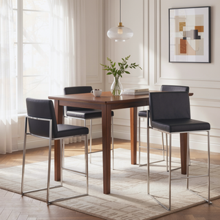 Sunvega Contemporary High Back Barstool Set of 3 with Faux Leather Upholstery