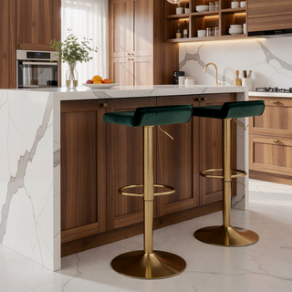 Sunvega Adjustable Height Barstool with Swivel in Gold Brushed Metal and Green Velvet