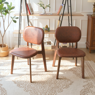 Sunvega Mid-Century Modern Black Vegan Leather Dining Chairs with Walnut Base Set of 2