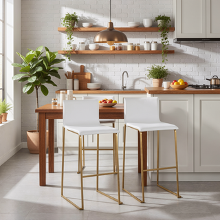 Sunvega Contemporary Gold Steel and White Faux Leather Barstool Set with Footrest