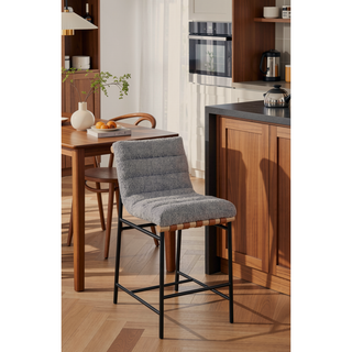 Sunvega Boucle Upholstered Chair with Cognac PU Leather Detailing and Black Iron Legs