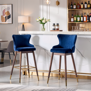 Sunvega Mid-Century Inspired Blue Velvet Wingback Bar Stools with Walnut Legs