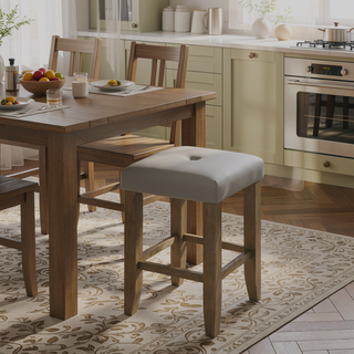 Sunvega Oak Finish Wooden Frame Counter Height Stools with Gray Synthetic Leather Seat