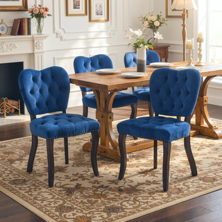 Sunvega French Vintage Tufted Upholstered Fabric Dining Chair Set of 2 Blue