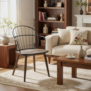 Sunvega Industrial Spindle-Back Dining Chair with Dark Walnut Wood Seat and Black Metal