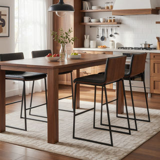 Sunvega Mason Mara Contemporary Fixed-Height Barstool in Black Metal and Grey Faux Leather