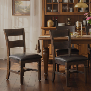 Sunvega Dark Brown Mahogany Ladderback Dining Chairs with Gray Fabric Cushioned Seats