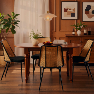 Sunvega Hand-Woven Natural Cane Back Upholstered Rattan Dining Chairs Set of 4