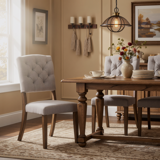 Sunvega Elegant High-Back Linen Upholstered Dining Side Chair with Weathered Oak Legs