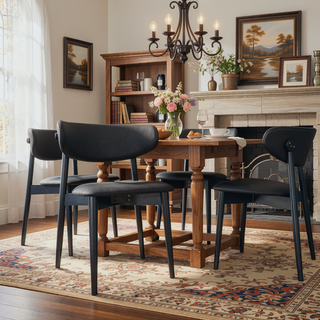 Sunvega Mid Century Modern Vegan Leather Dining Chair Set Of 2 With Black Faux Leather Upholstery
