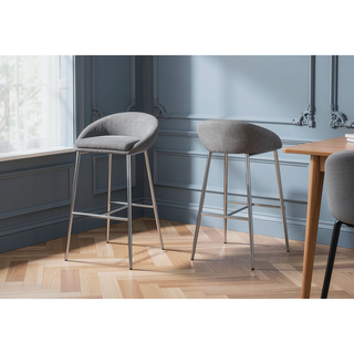 Sunvega Set of 2 Modern Bar Stools with Grey Fabric Upholstery and Chrome Legs