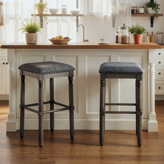 Sunvega Set of 2 Grey Washed Wood Bar Stools with Upholstered Seat and Nailhead Trim