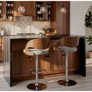 Sunvega Mid-Century Modern Adjustable Swivel Barstool with Walnut Back and Grey Fabric