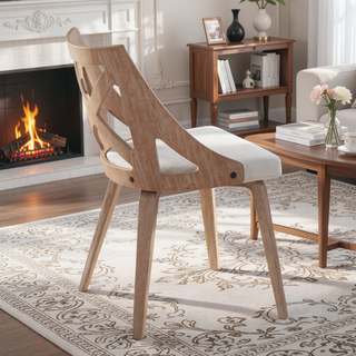Sunvega Farmhouse Dining Chair with White Washed Wood and Cream Noise Fabric - Set of 2