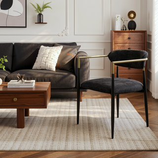 Sunvega Black Chenille Side Chair with Golden Armrests and Padded Seat Set of 2