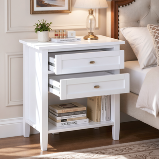 Sunvega White Transitional Nightstand with Two Drawers and Open Shelf 24 Inch Wide