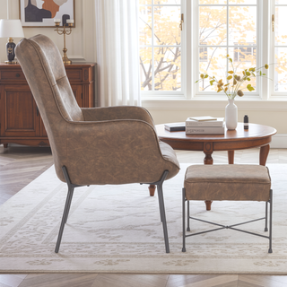 Sunvega Industrial Faux Leather Lounge Chair and Ottoman Set with Sleek Black Metal Legs