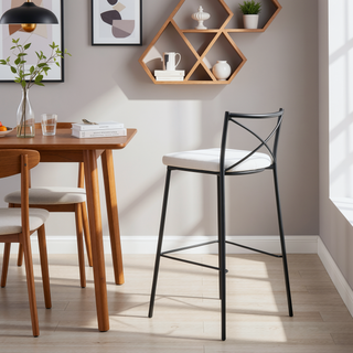Sunvega Modern Charlotte 30" Fixed-Height Barstool in Black Metal and White Faux Leather