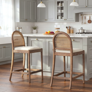 Sunvega Natural Oak and Cane Rattan Counter Stools with Black Boucle Upholstery