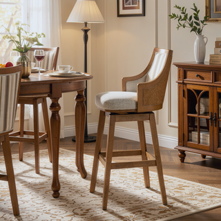 Sunvega Handcrafted Taupe Beige Cane Rattan Swivel Counter Stool with Recessed Arms