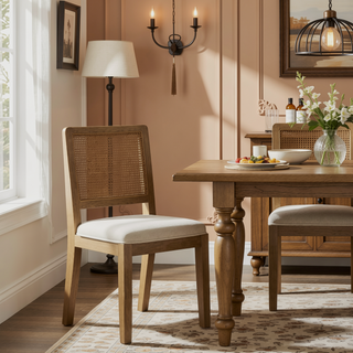 Sunvega Sand Wash Cane Dining Chair with Beige Cushion and Metal Stretcher Bar