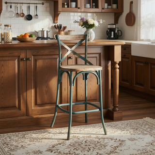 Sunvega Antique Turquoise Finish Metal Frame Vintage Style X-Shape Backrest Bar Chair