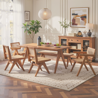 Sunvega Beige and Natural Rattan Arm Chair Set of 2 with Wood Legs