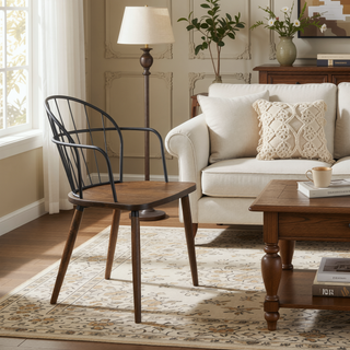 Sunvega Industrial Spindle-Back Dining Chair with Dark Walnut Wood Seat and Black Metal